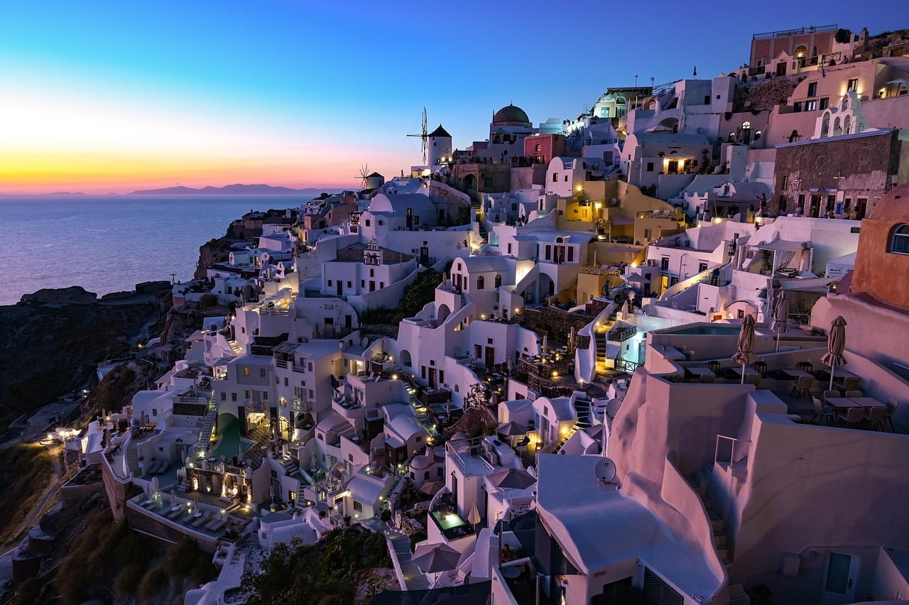 puesta de sol, casas, grecia